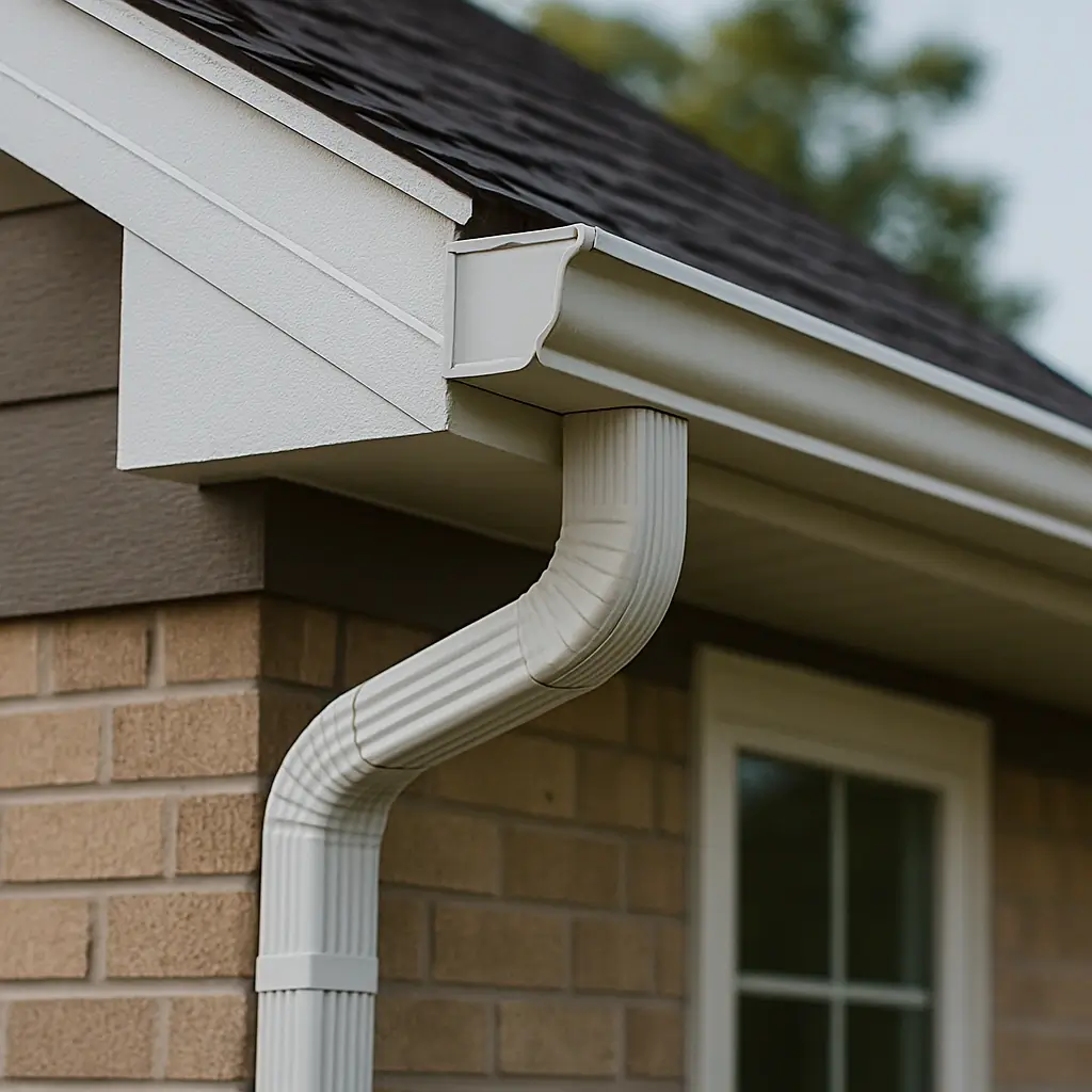 flawless white gutter on the corner of a tan brick home with white trim