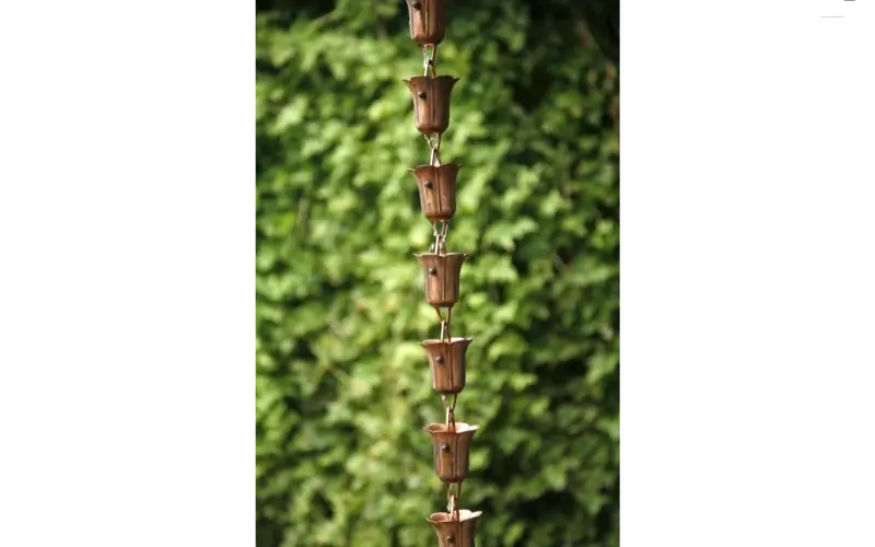 800x450 greenery behind a strand of copper rain chains