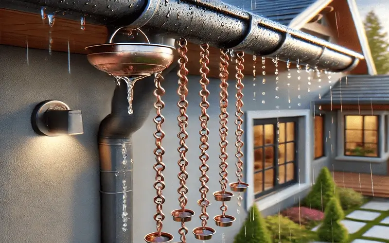 800x450 a decorative copper rain chain hangs from the gutter system of a modern home