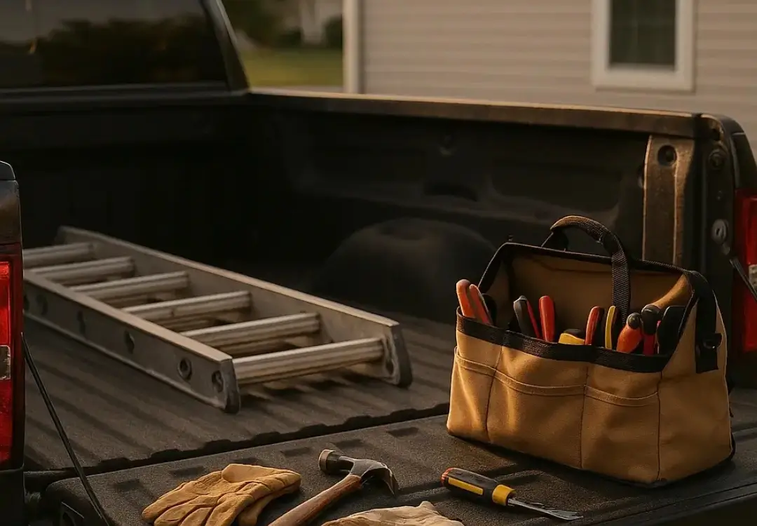 a dark colored pick up truck sitting on the drive outside of a tan colored home with white gutters. Various tools, gloves, and a ladder sit on the tailgate and in the bed of the truck