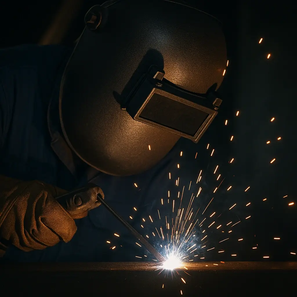 welder in a dark room welding with sparks and flame glowing