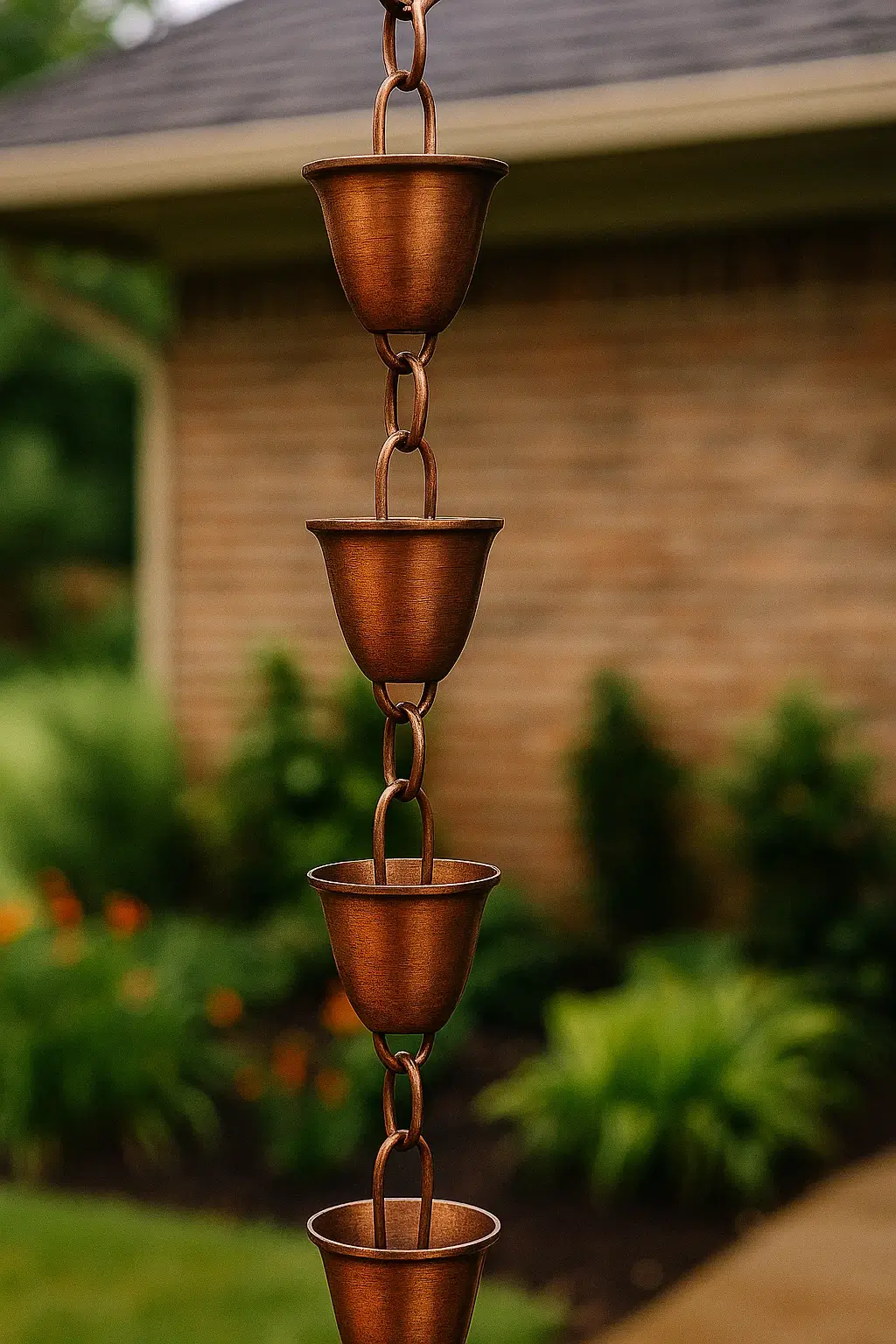 copper cup rain chain with a slightly blurred reddish brown bricked home with green small trees and shrubbery in the background