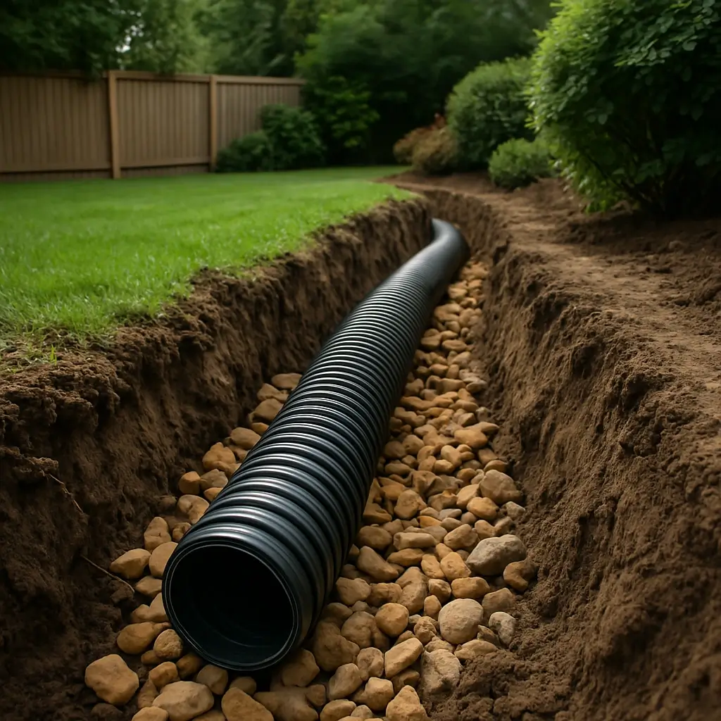 open trench in a backyard with black corrugated flex pipe - install of underground drainage