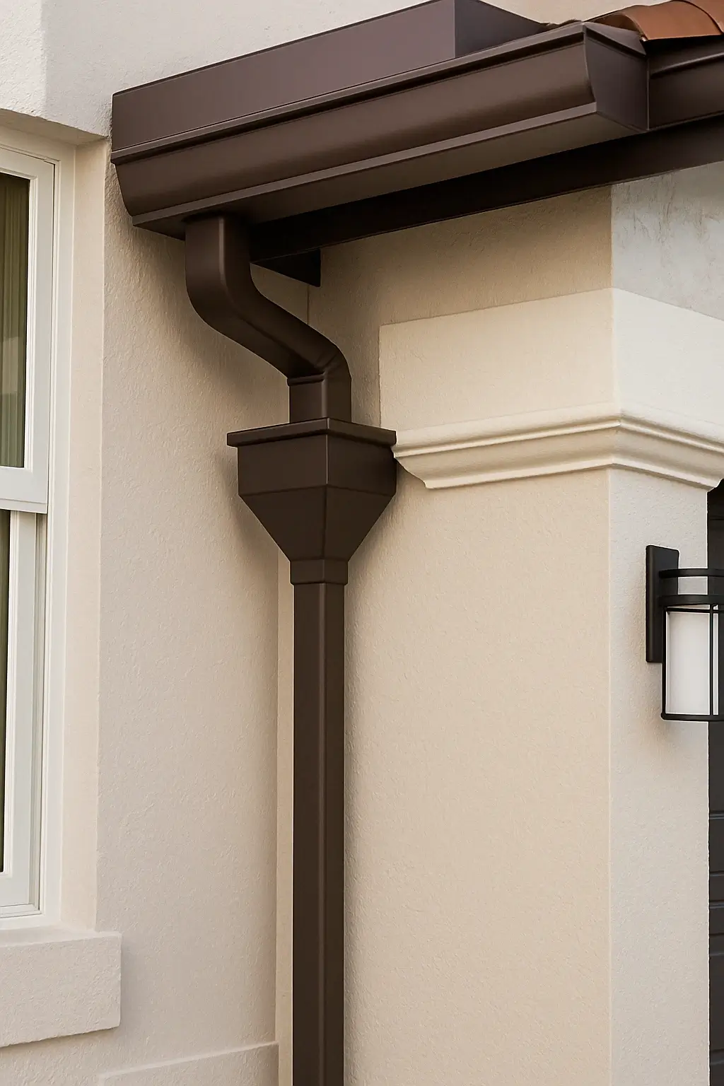 dark brown conductor head in a gutter system on a light cream colored home