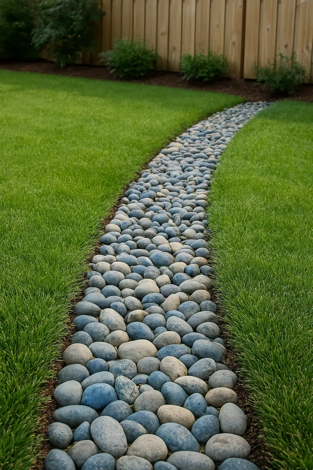 a decorative french drain with gray and tan stones slightly curves it's way through a back yard with lush green grass