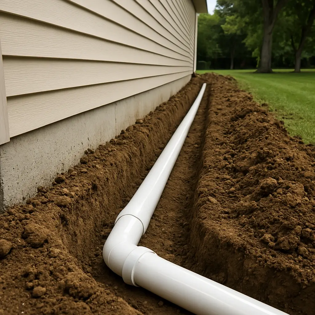 a shallow trench next to a home has a white pvc drainage pipe during the installation of underground drainage