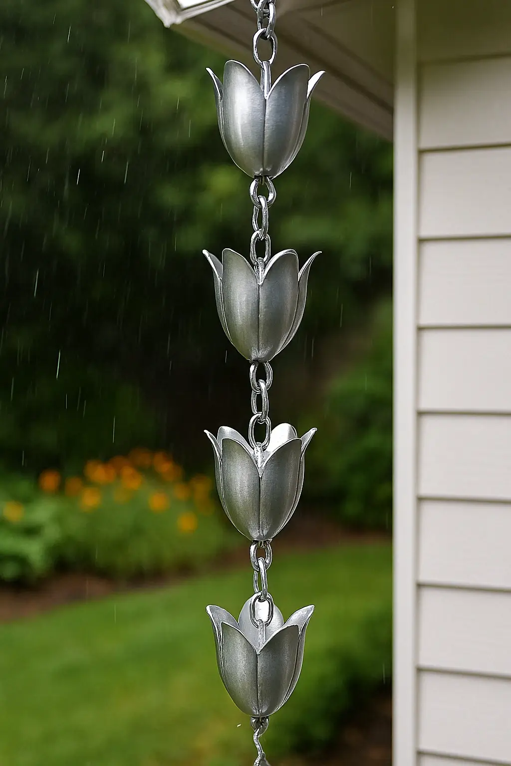 stainless steel tulip shaped rain chain with a tannish and white siding home with green grass and purplish pink flowers in the background