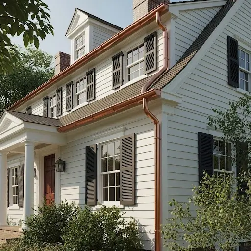 Charming historical-style home with white siding, black shutters, and prominently featured copper gutters and downspouts, shown in warm daylight with classic architectural details and surrounding greenery.