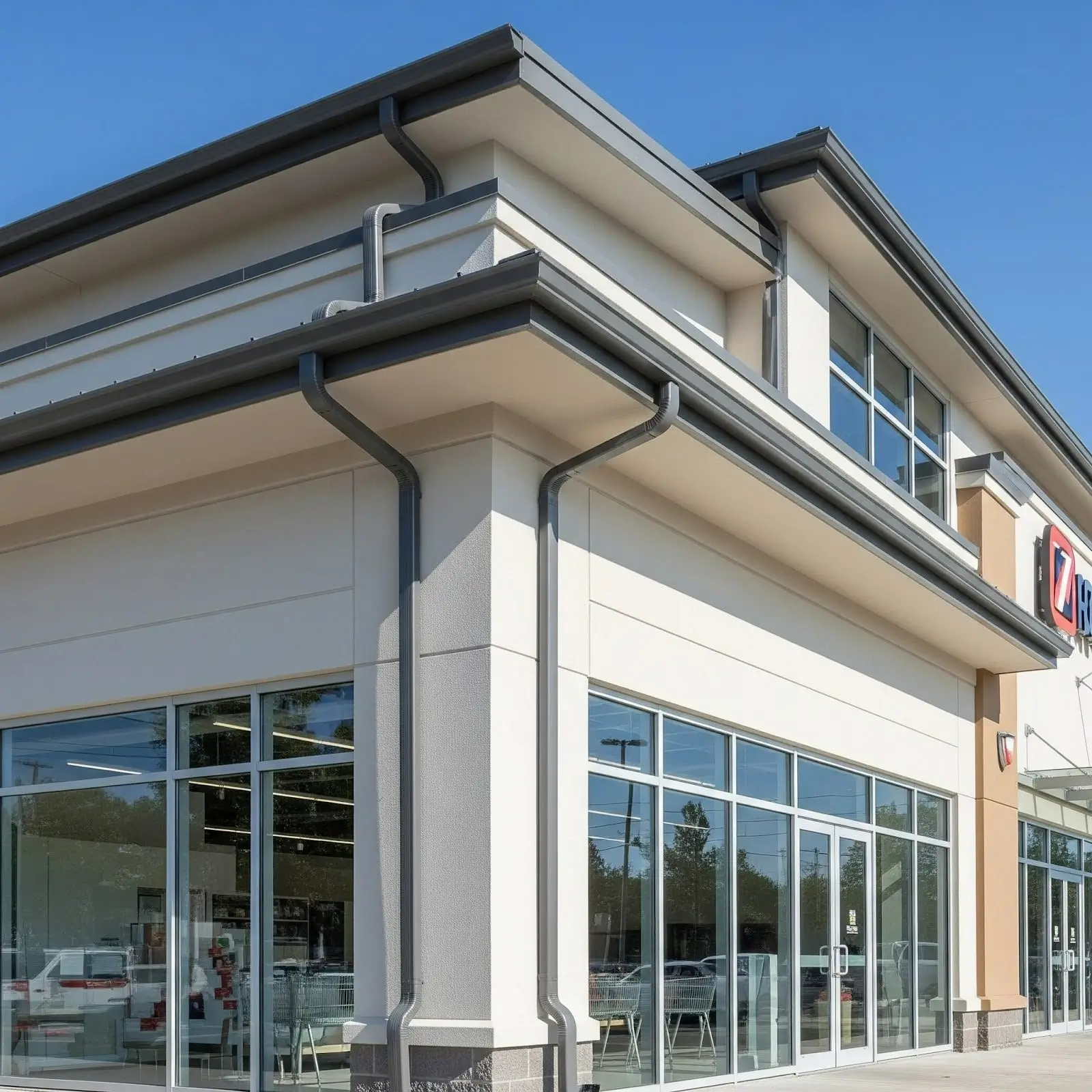 a commercial building with windows, white-ish stucco and functional brown gutters.