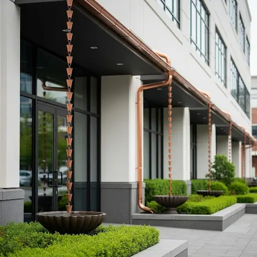 Modern commercial building with copper rain chains hanging from gutters along the front entrance and facade, directing water into decorative basins surrounded by lush landscaping under soft natural daylight