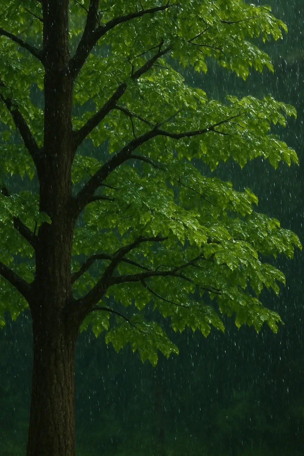 Deciduous tree with a textured dark brown trunk and lush green leaves covered in water droplets, with visible raindrops falling against a softly blurred, darker forest background.