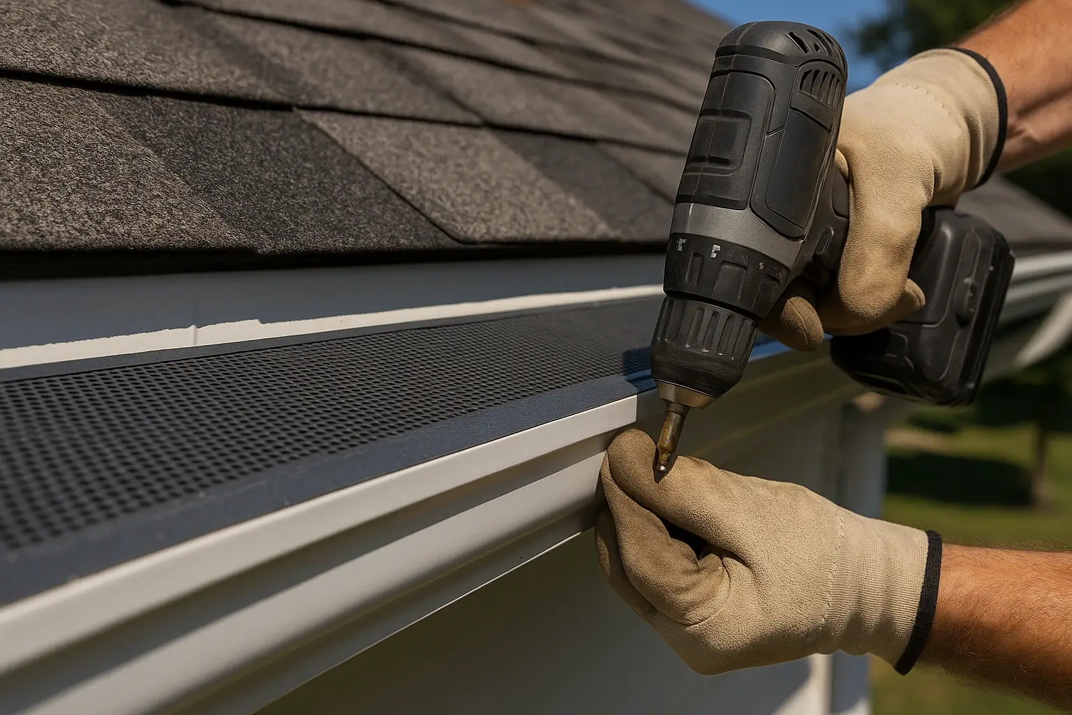 Installer using a cordless drill to secure perforated gutter guard on a home