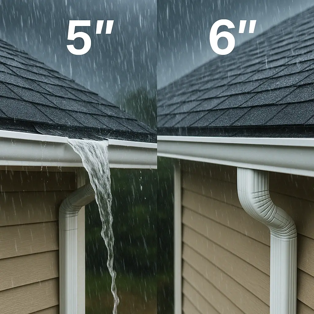 Side-by-side comparison of 5-inch gutter overflowing and 6-inch gutter handling heavy rain on a home