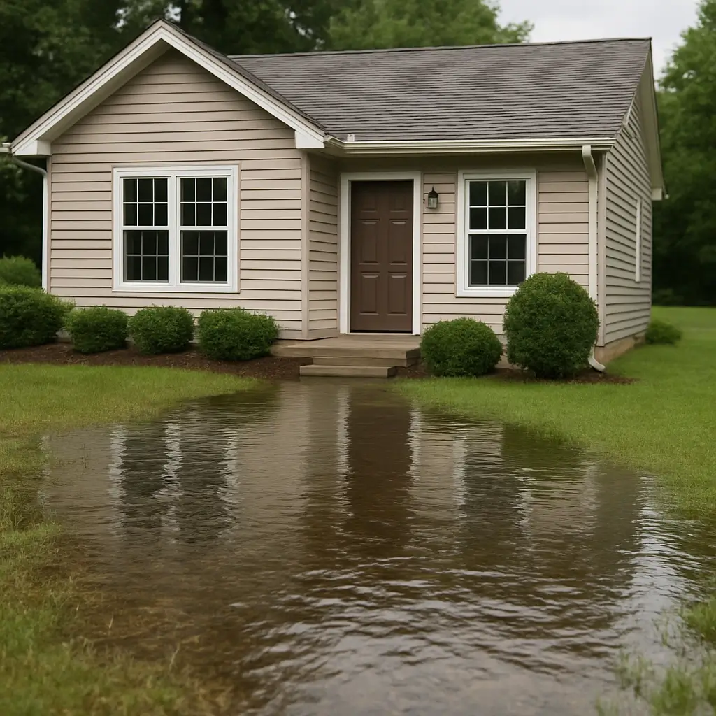 Single-story suburban home with beige siding and white trim, shown with a semi-flooded front yard and standing water covering the grass near the entrance.
