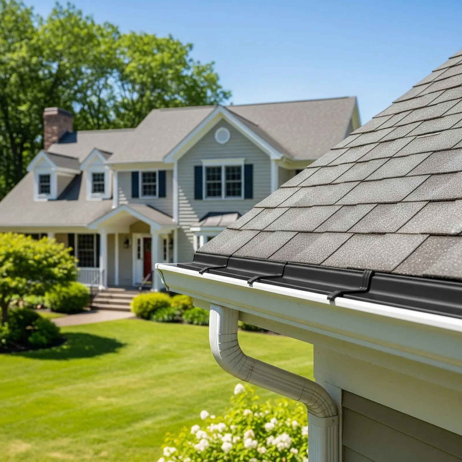 A close-up, photorealistic image of a residential gutter system with modern, clean gutter guards installed, showing leaves and debris resting on top of the guards, not inside the gutter, demonstrating their functionality.