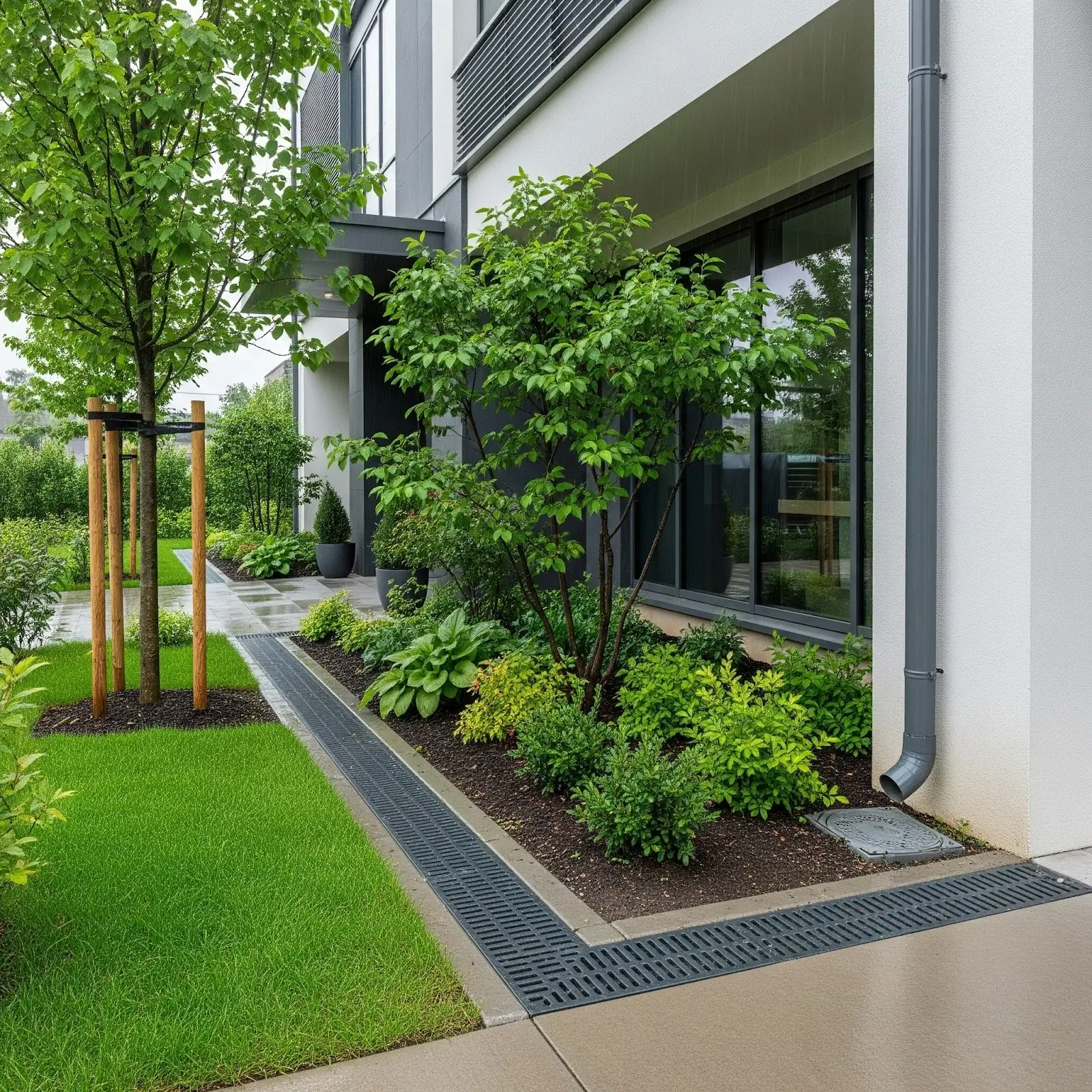 Lush landscaping around a building with visible drainage grates or downspouts