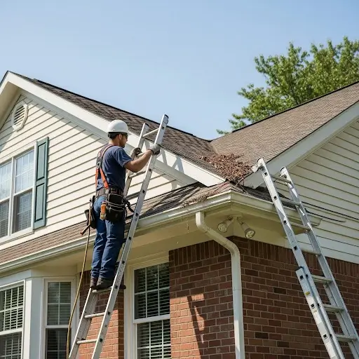 man on a ladder with a tool belt preparing to inspect the home's gutter system