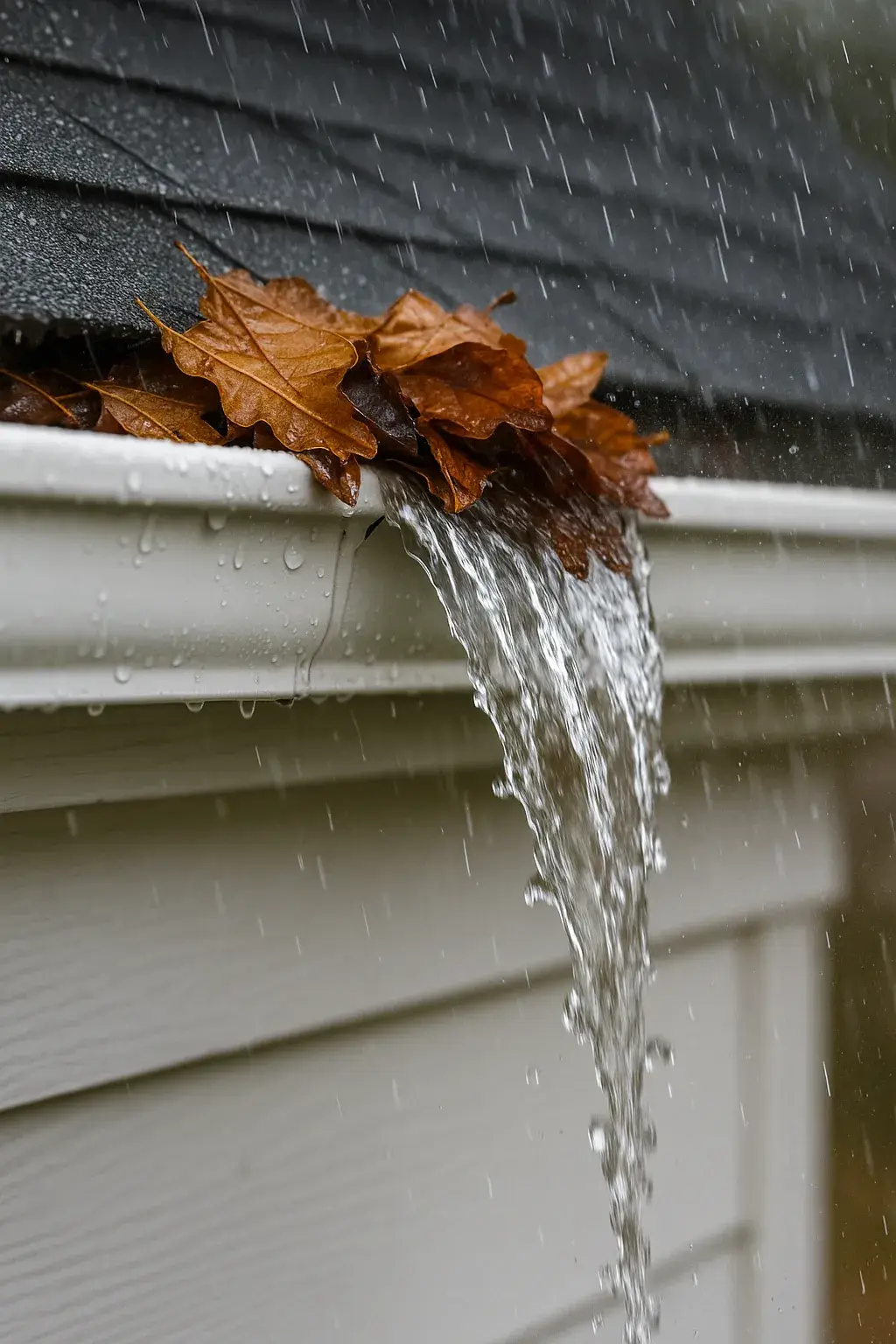 Rainwater pouring over a white gutter blocked by wet leaves during a storm
