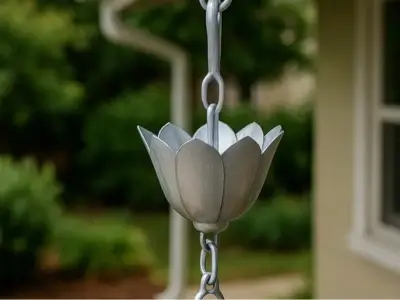 close up of a single silver lotus rain chain cup hanging from a tan home that can be seen in the background