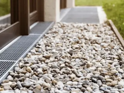 a long, narrow, area with multi-colored pebbles runs along side a silver grated drain showing the pleasing aesthetics of a french drain system