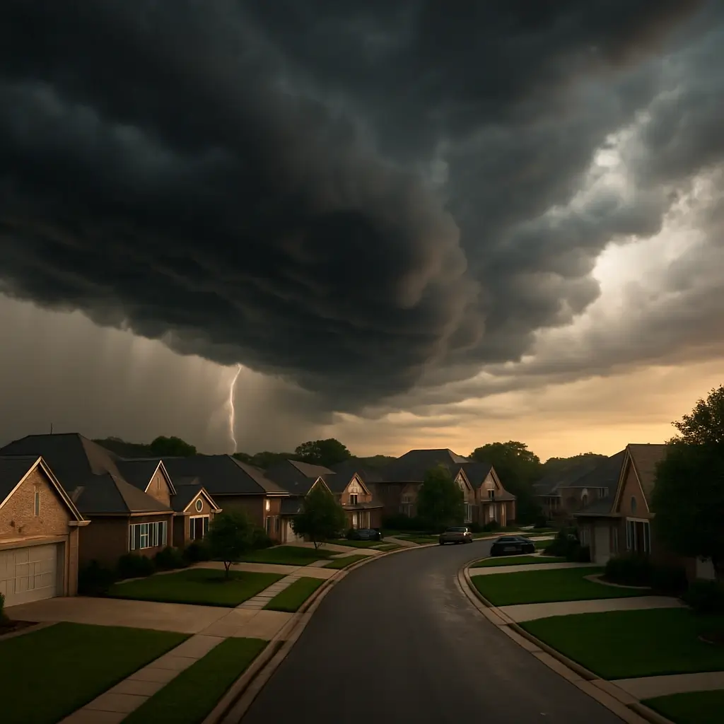 Dark storm clouds and lightning over a quiet suburban neighborhood with well-kept lawns and homes at sunset