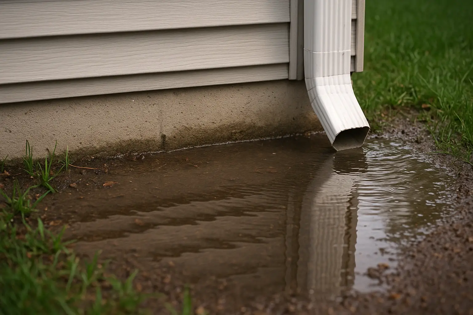 Water pooling beside the foundation of a home near a white downspout after rainfall