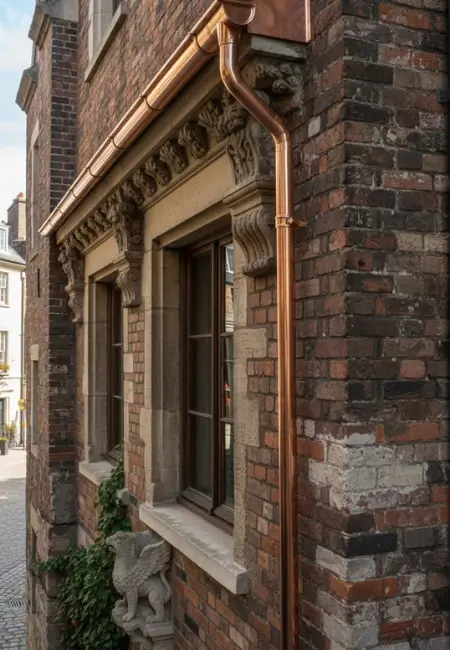1000x1000 shining copper gutters attached to a historical brick and stone building